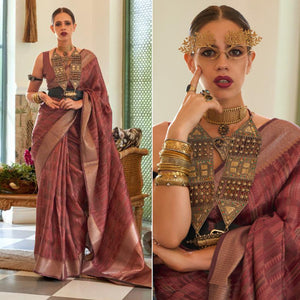 Brown Woven Organza Saree With Tassels