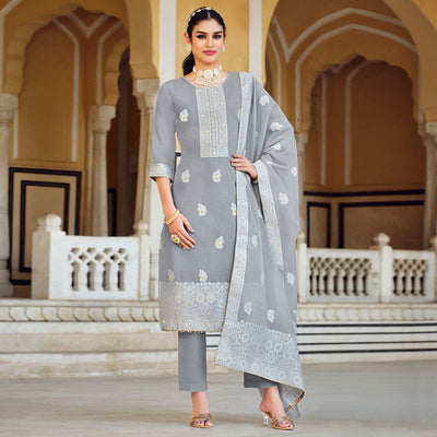 Grey Woven Pure Cotton Suit