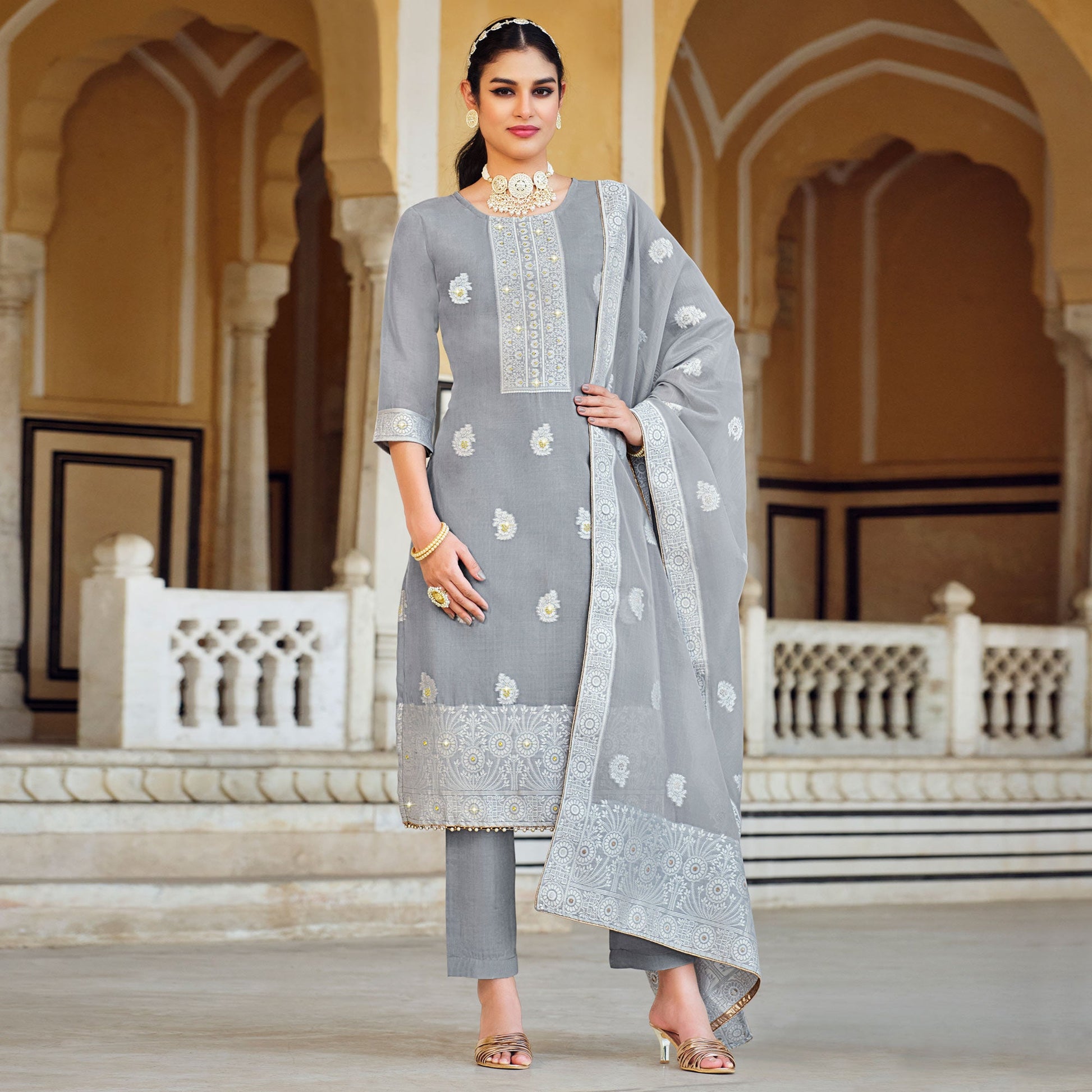 Grey Woven Pure Cotton Suit