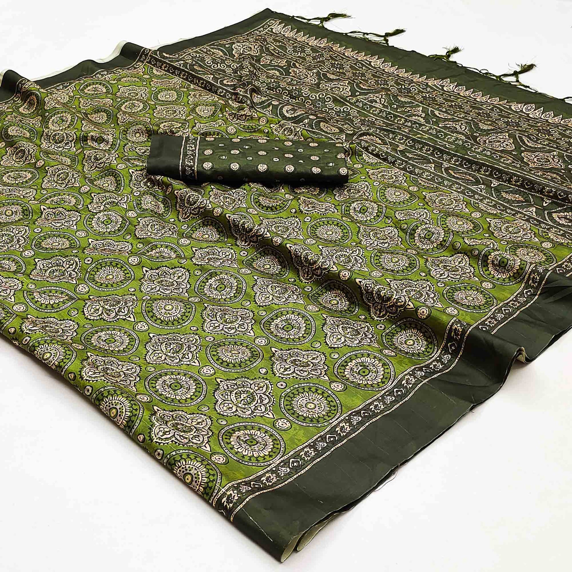 green-floral-digital-printed-tussar-silk-saree-with-tassels-1