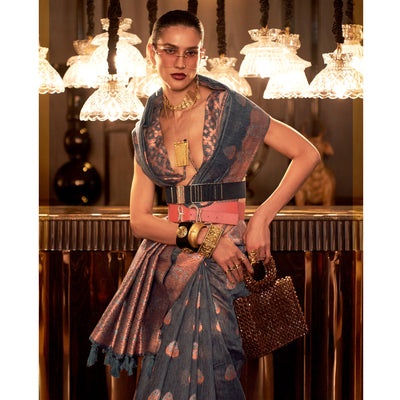 Grey Woven Linen Saree With Tassels