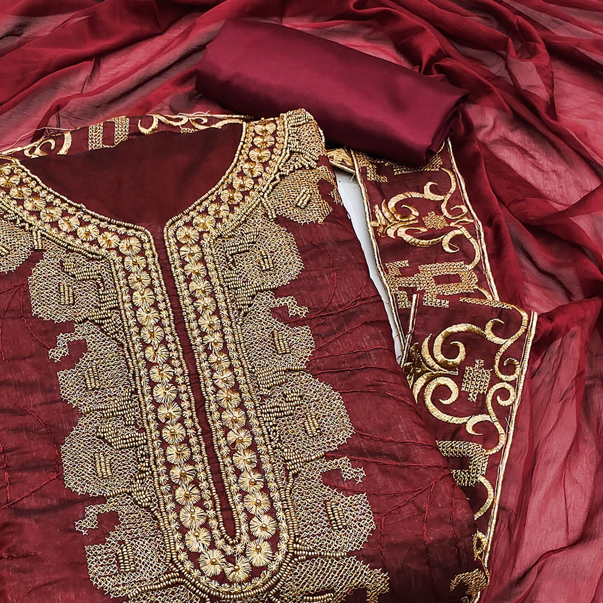 Maroon Handwork Embroidered Modal Dress Material