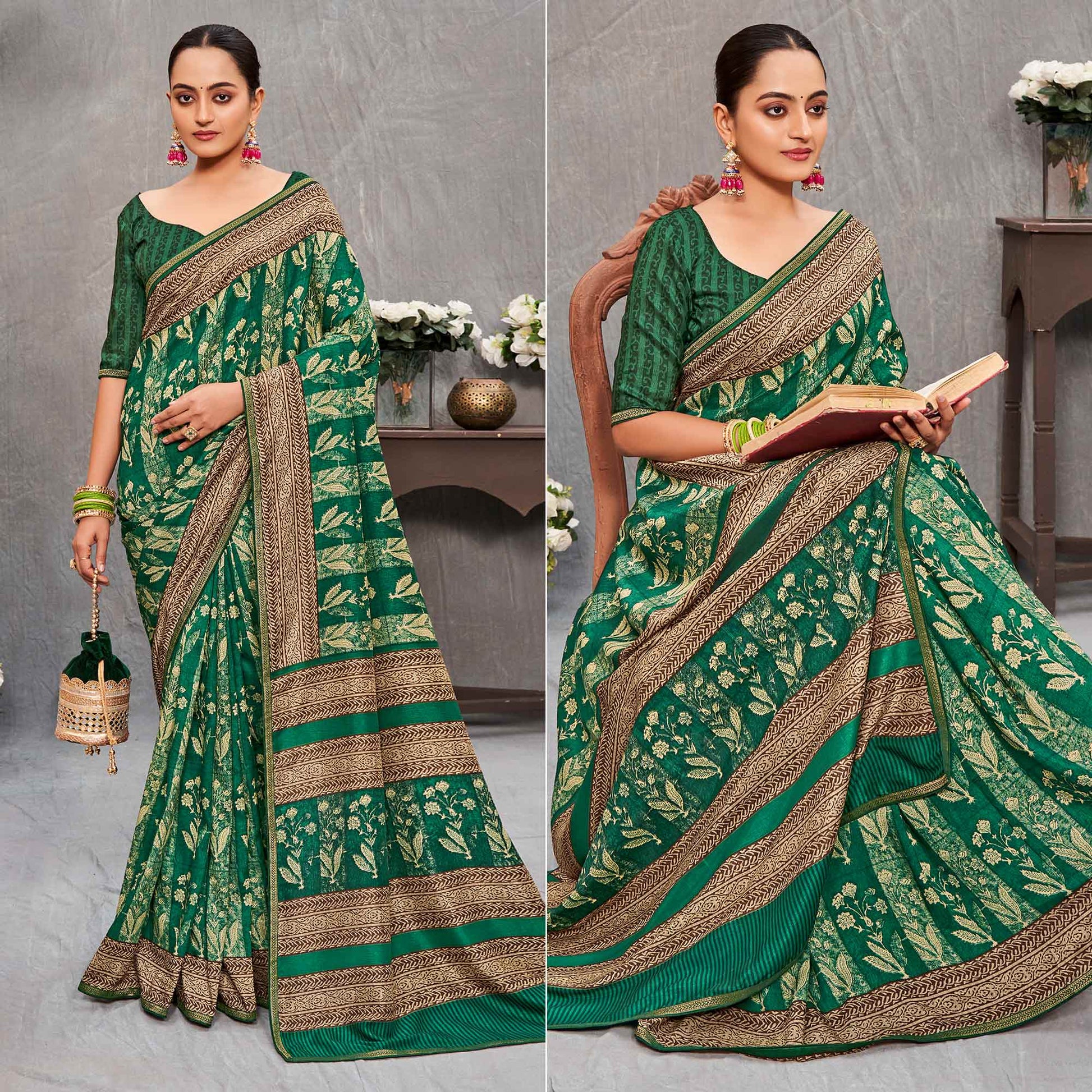 green-floral-printed-tussar-silk-saree