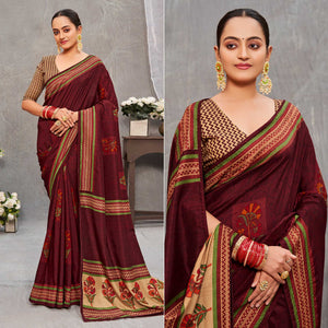 Dark Maroon Printed With Embroidery Tussar Silk Saree