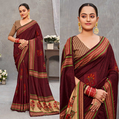 Dark Maroon Printed With Embroidery Tussar Silk Saree