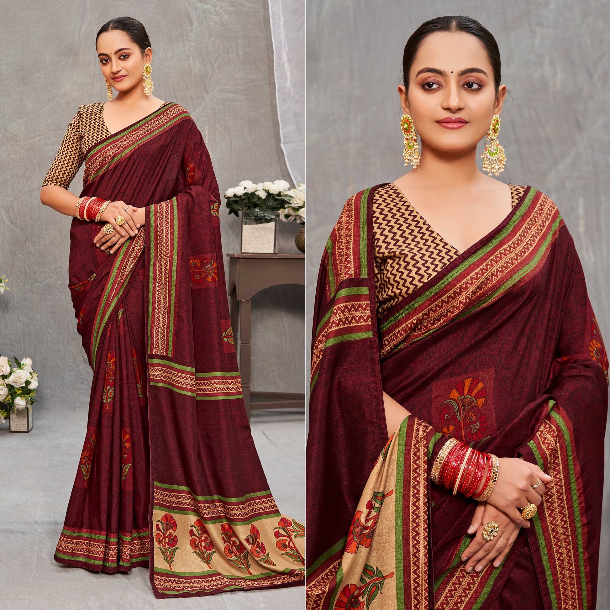 Dark Maroon Printed With Embroidery Tussar Silk Saree