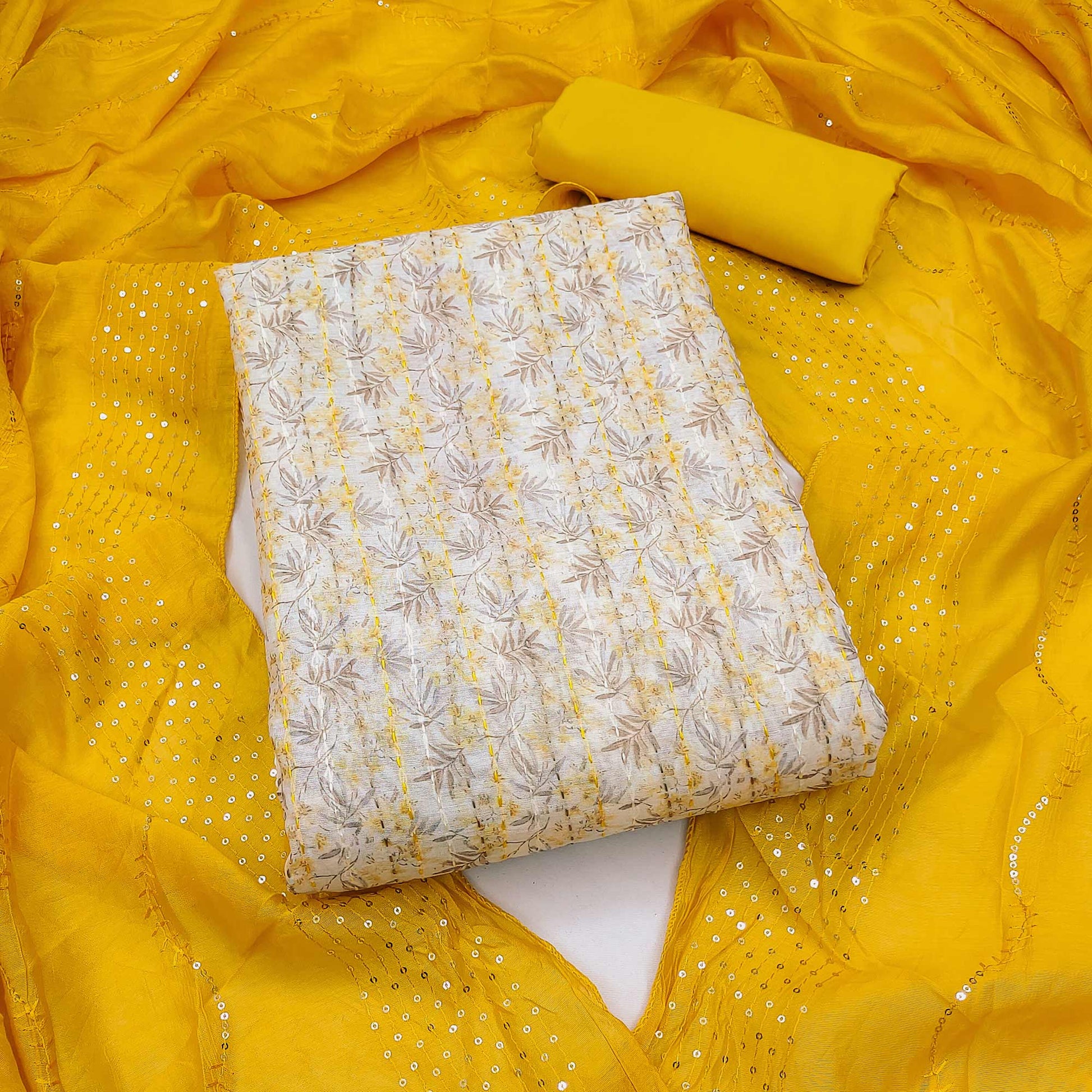 Cream & Yellow Digital Printed With Embroidered Chanderi Dress Material