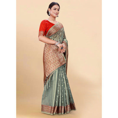 Grey Woven Organza Saree With Tassels