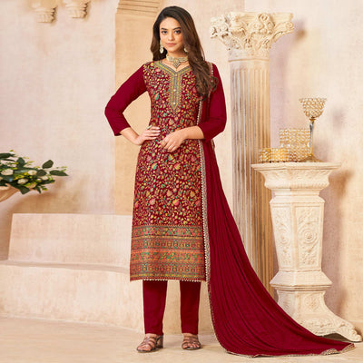 Maroon Woven Dola Silk Suit