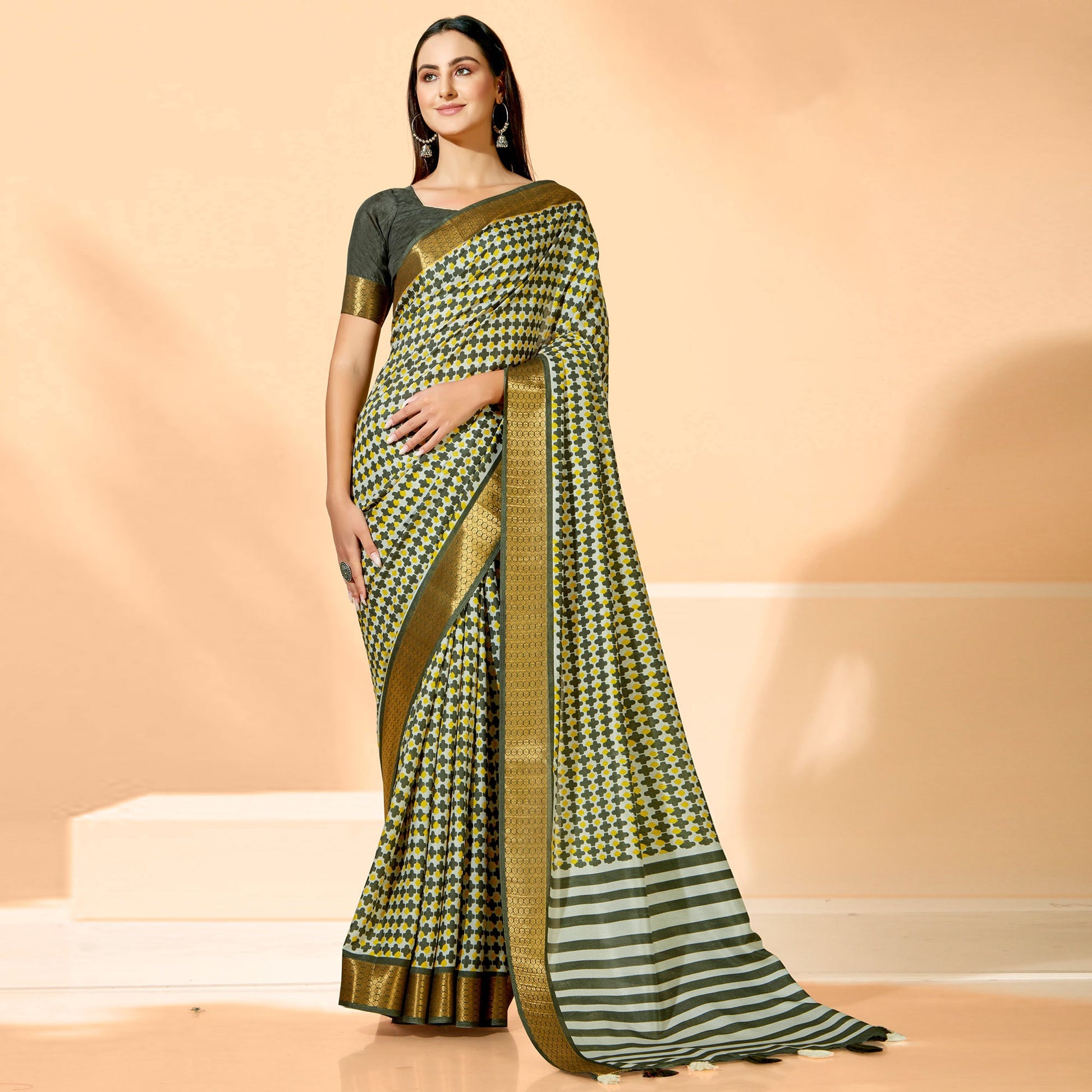green-printed-dola-silk-saree-with-tassels