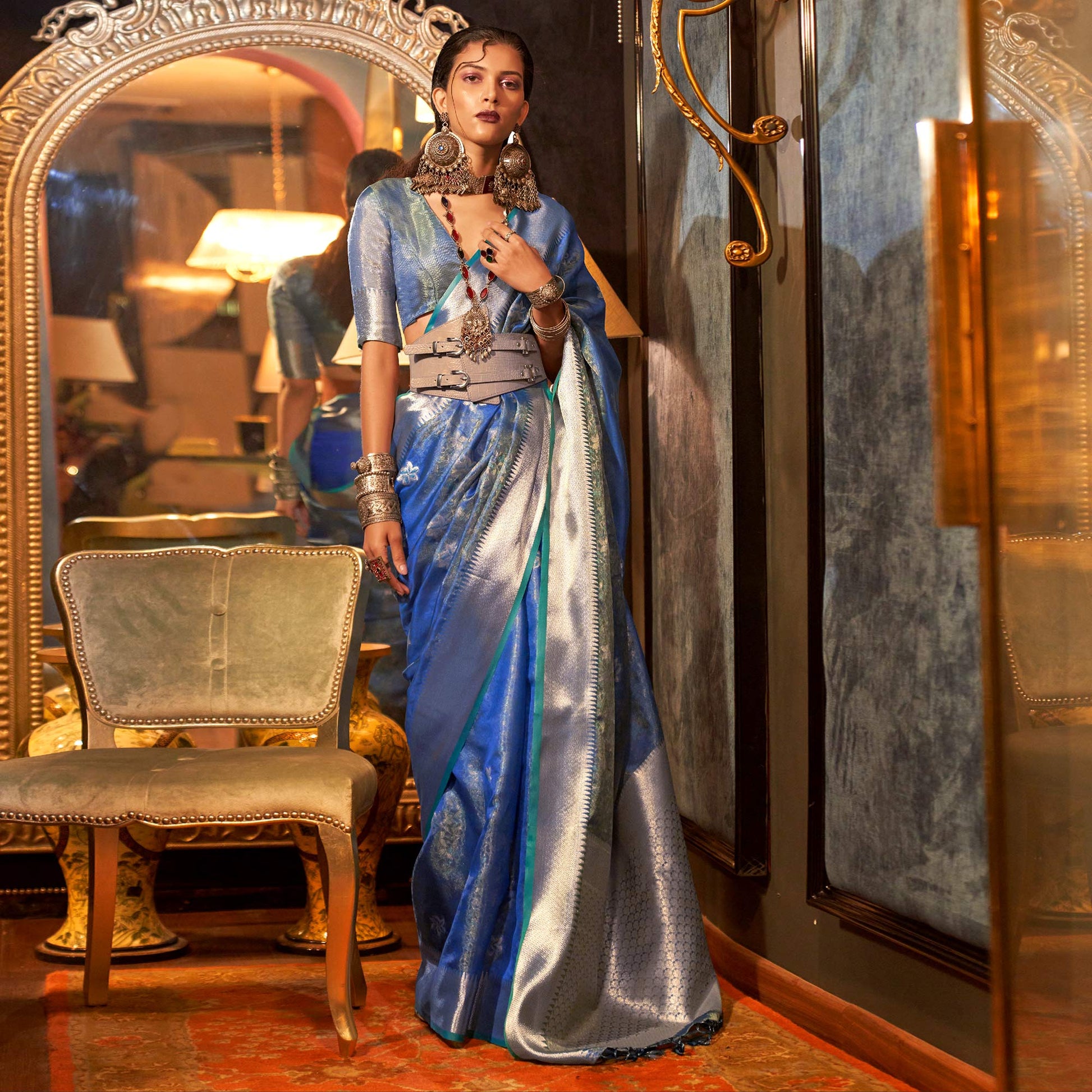 Light Blue Woven Organza Saree With Tassels