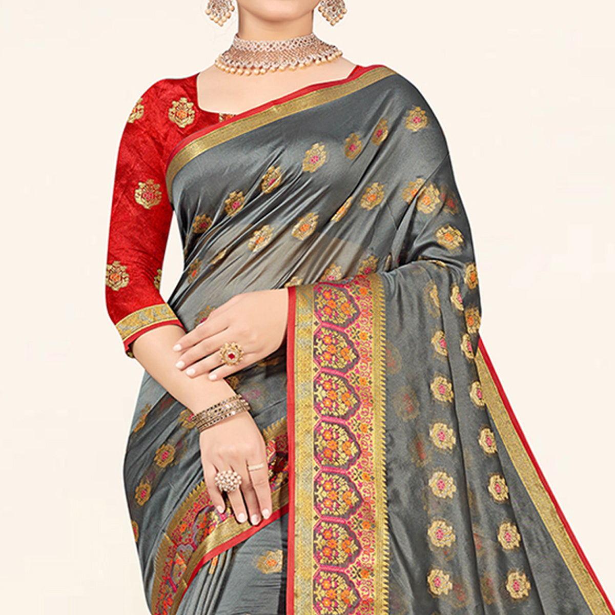 Grey Woven Organza Saree With Tassels