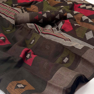 Dark Brown Geometric Printed Cotton Blend Saree