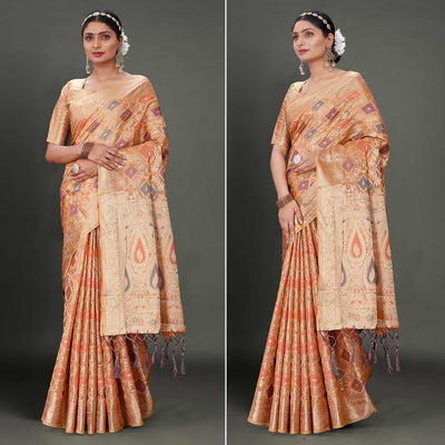 Dark Peach Woven Organza Saree With Tassels