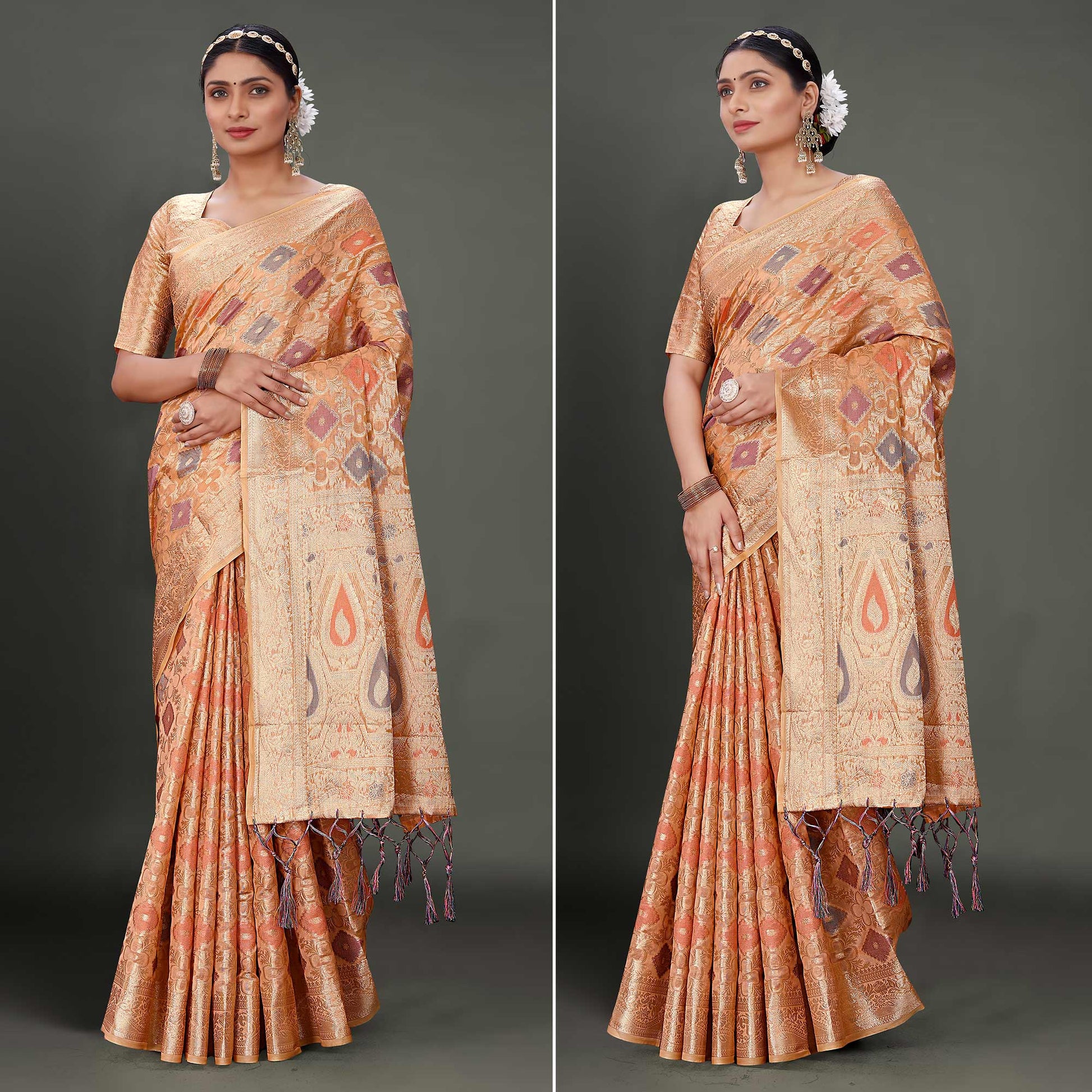 Dark Peach Woven Organza Saree With Tassels