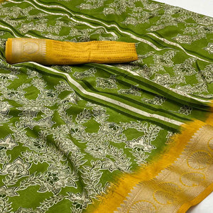 green-floral-printed-with-woven-border-dola-silk-saree