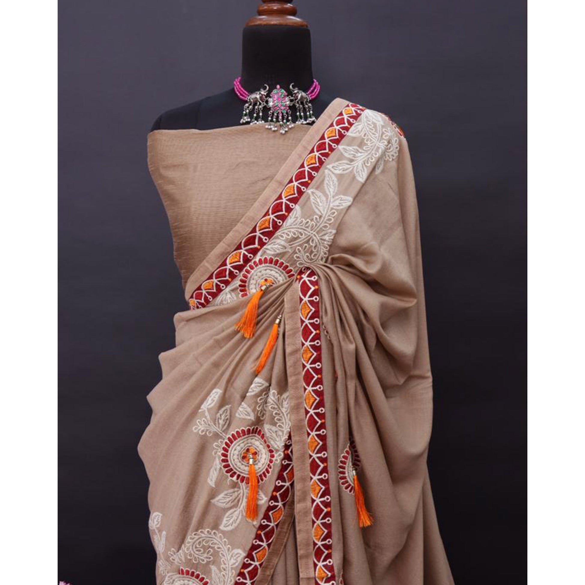 Dark Chikoo Embroidered Vichitra Silk Saree