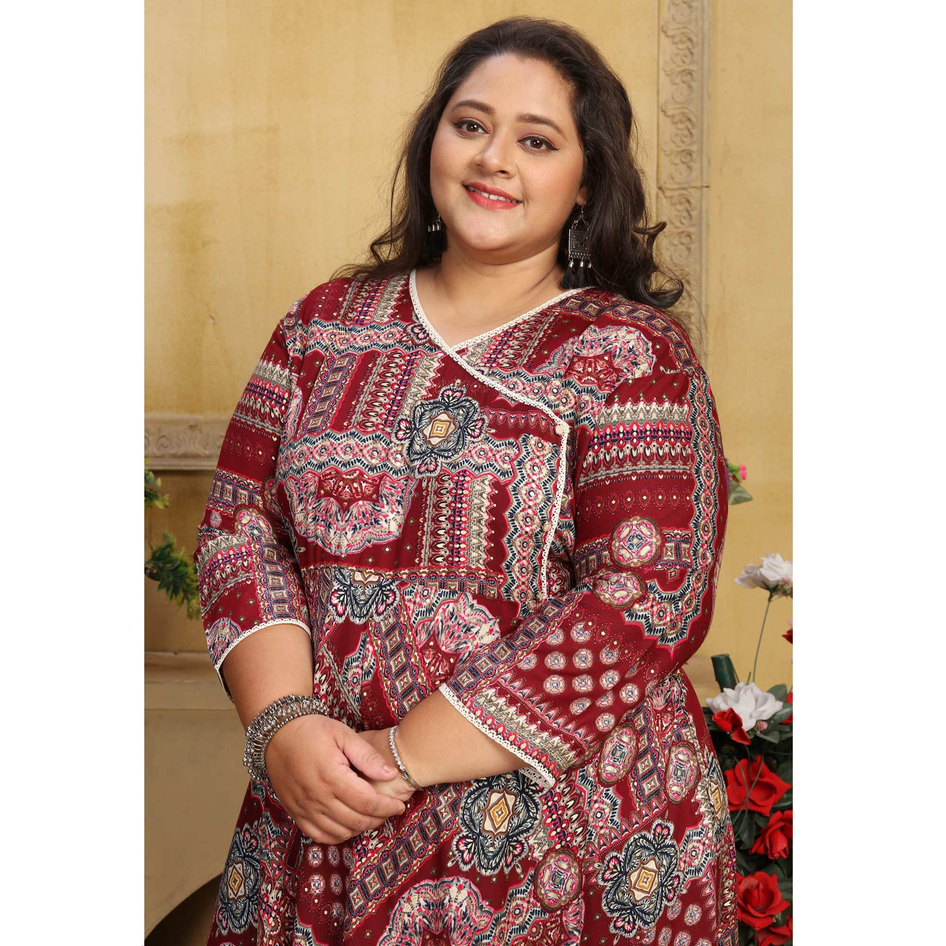 Maroon Floral Printed Long Kurti