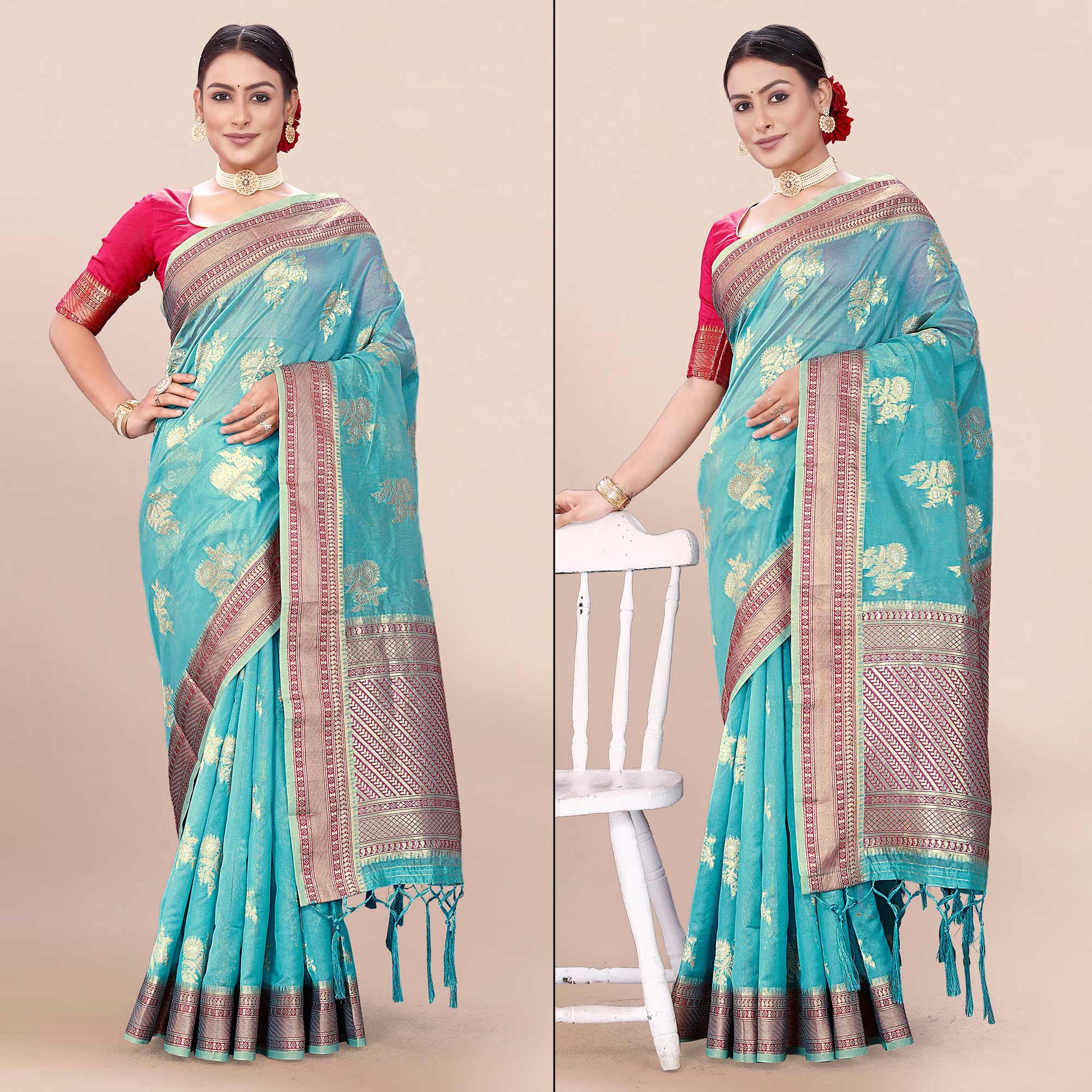 Blue Woven Organza Saree With Tassels