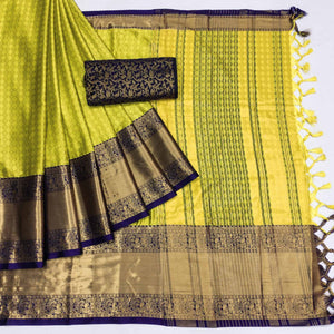 Lemon Green Woven Cotton Silk Saree With Tassels