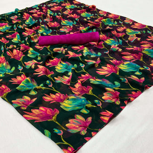 Bottle Green Floral Digital Printed Georgette Saree