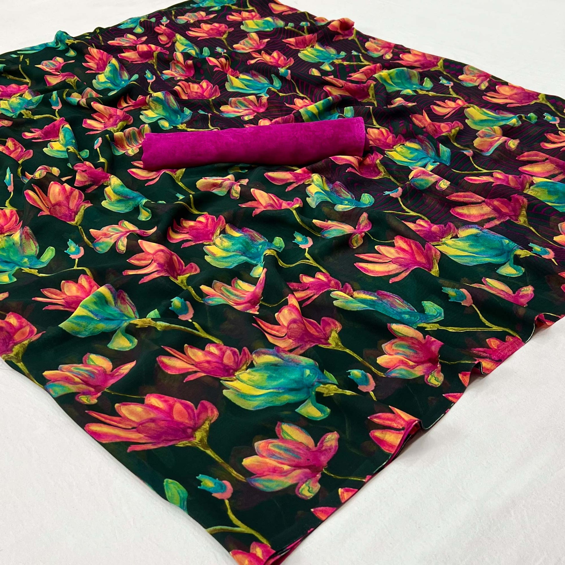 Bottle Green Floral Digital Printed Georgette Saree