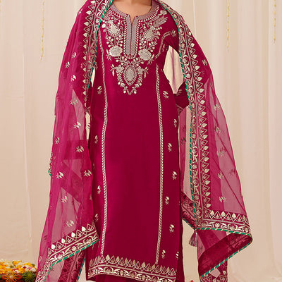 Pink Silk Blend Solid Yoke Design Straight Palazzo Suit Set PKSKD2490