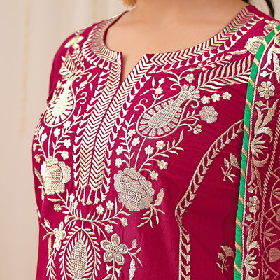 Pink Silk Blend Solid Yoke Design Straight Palazzo Suit Set PKSKD2490