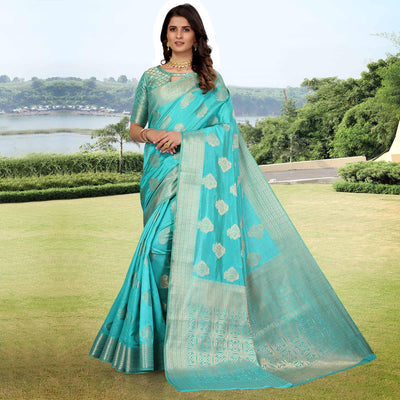 Firoji Blue Festive Wear Woven Art Silk Saree