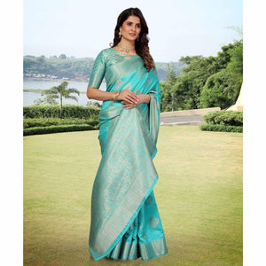 Firoji Blue Festive Wear Woven Art Silk Saree