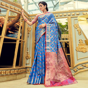 Firoji-Blue  Festive Wear Woven Zari Potola Silk Saree