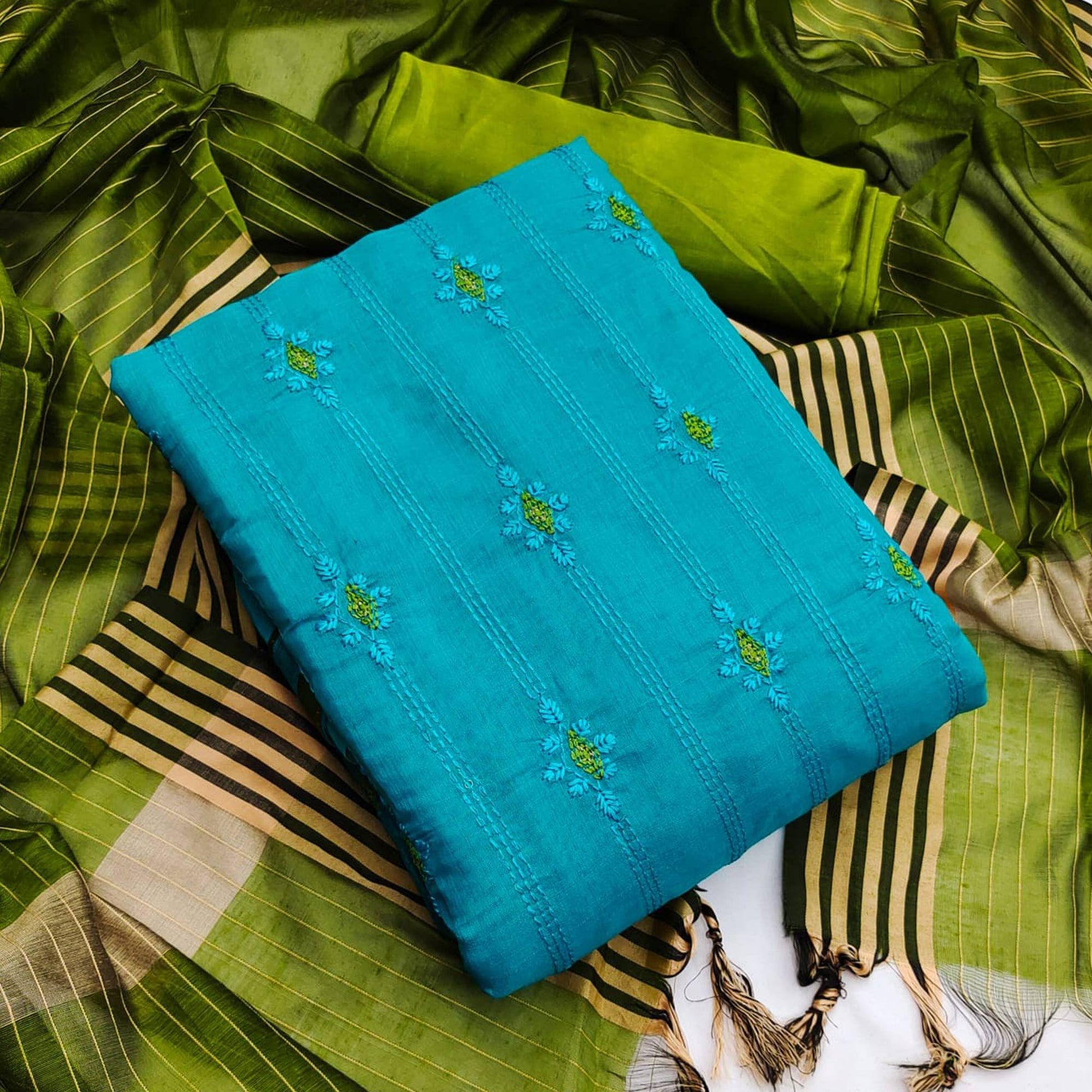 Firozi-Blue Casual Wear Embroidered Chanderi Dress Material