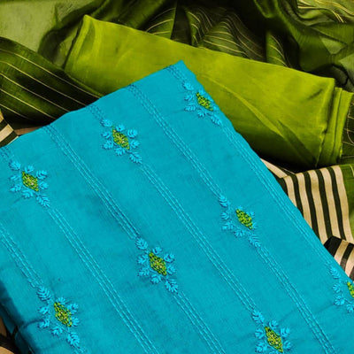 Firozi-Blue Casual Wear Embroidered Chanderi Dress Material