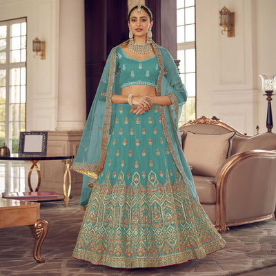 Firozi Blue Party Wear Embroidered Organza Lehenga Choli