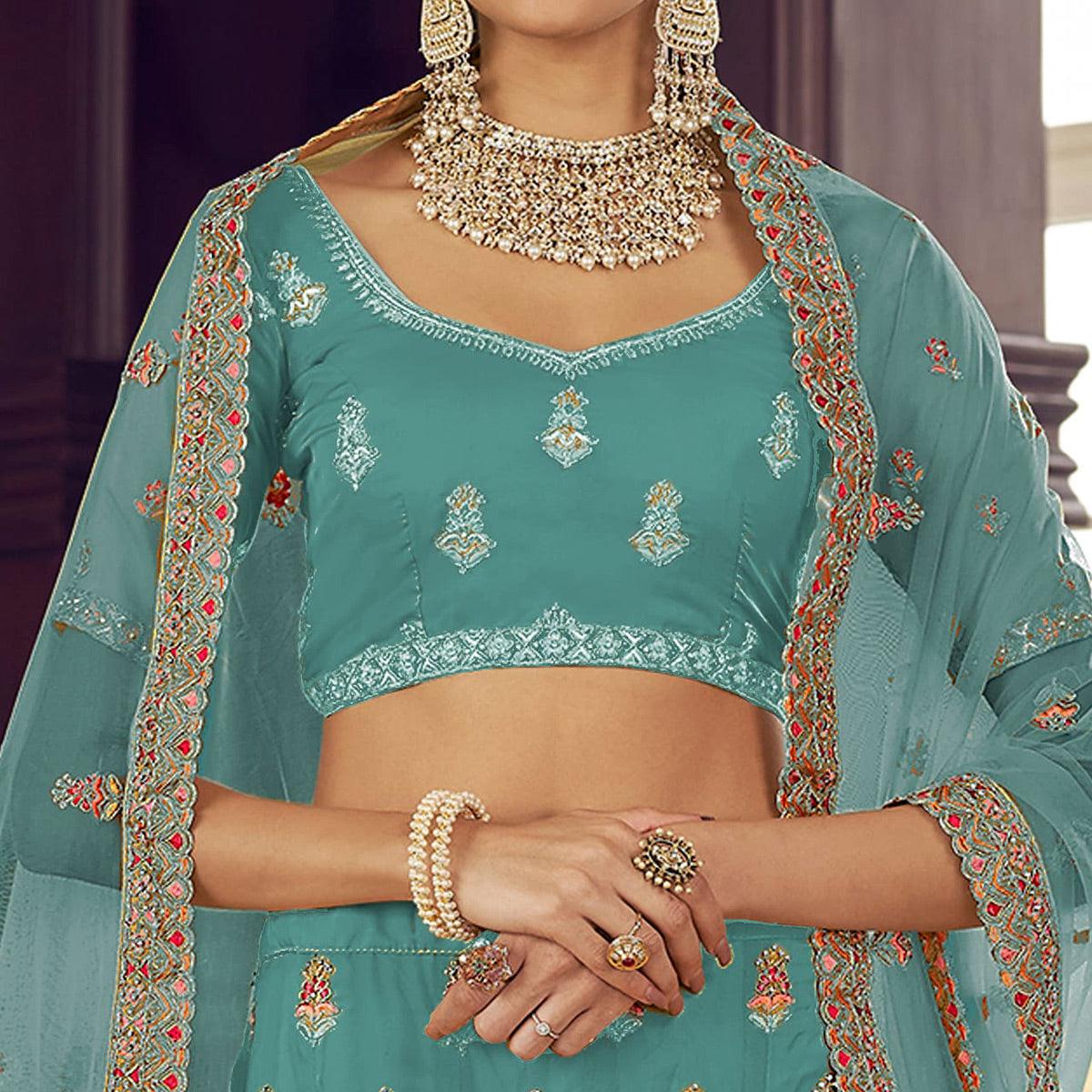 Firozi Blue Party Wear Embroidered Organza Lehenga Choli