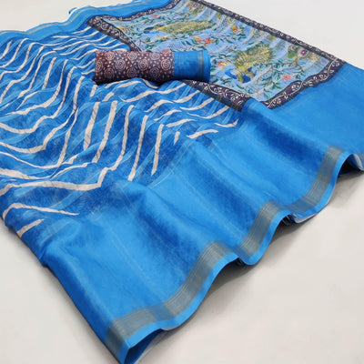 Firozi Casual Wear Digital Striped Printed Silk Saree With Jari Jacquard Border