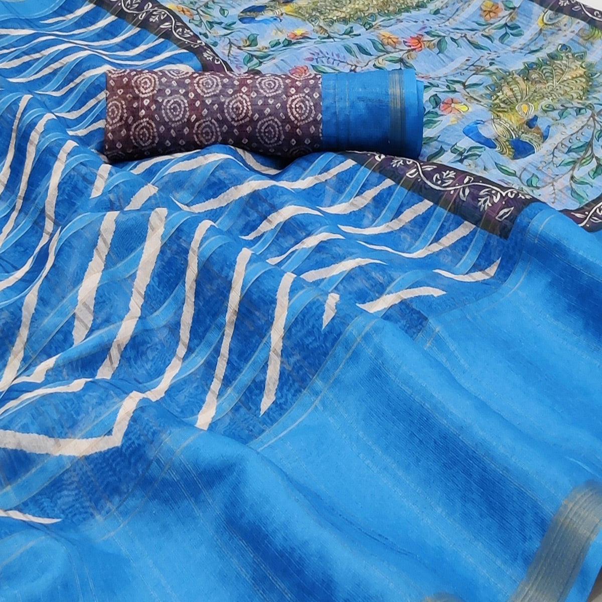 Firozi Casual Wear Digital Striped Printed Silk Saree With Jari Jacquard Border
