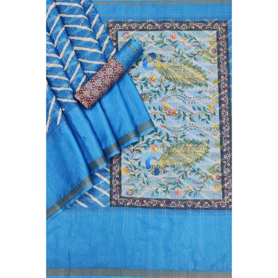 Firozi Casual Wear Digital Striped Printed Silk Saree With Jari Jacquard Border