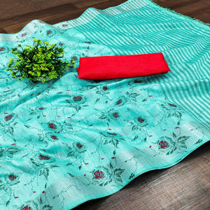 Firozi Casual Wear Floral Block Printed Cotton Blend Saree