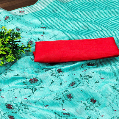 Firozi Casual Wear Floral Block Printed Cotton Blend Saree