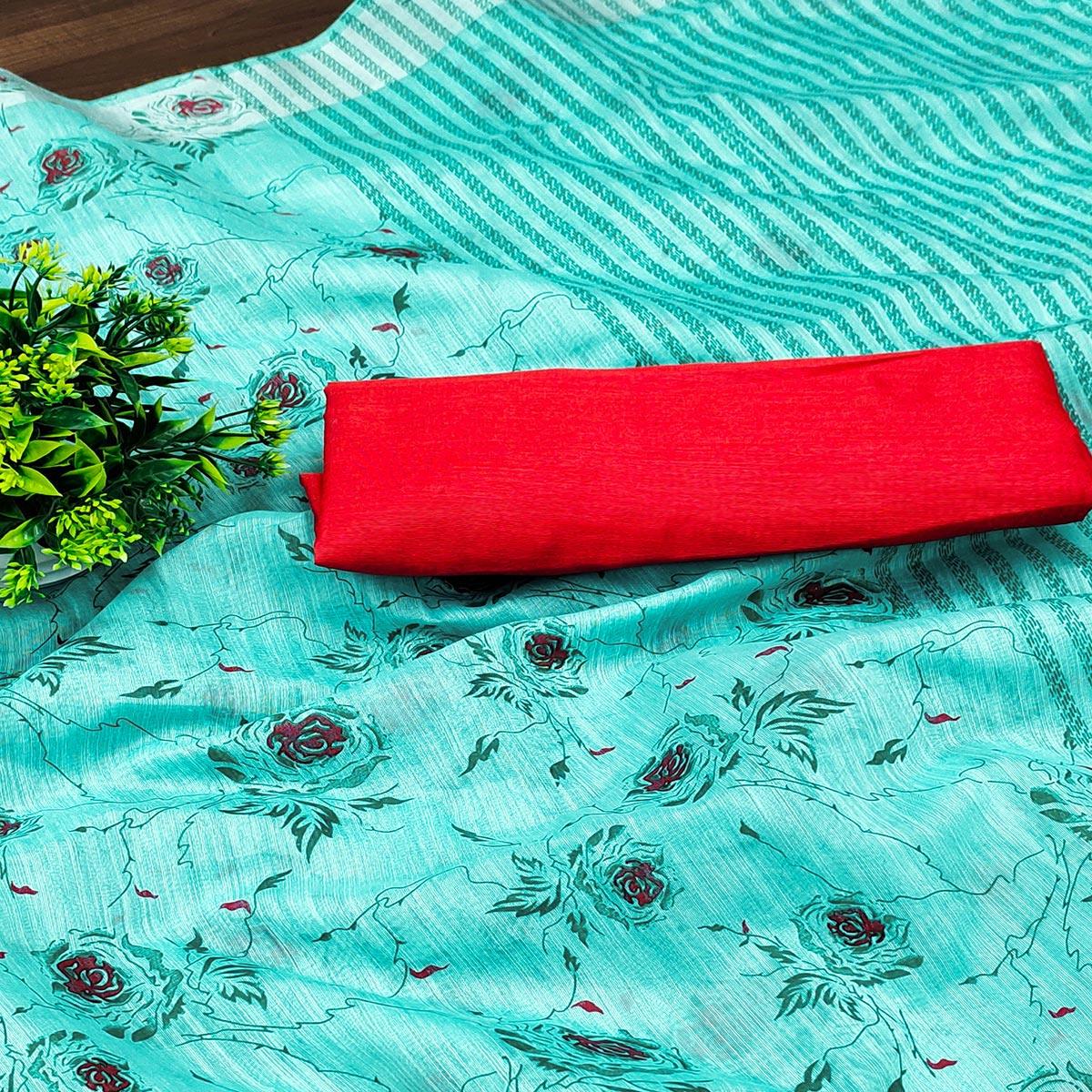 Firozi Casual Wear Floral Block Printed Cotton Blend Saree