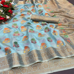 Firozi Festive Wear Floral Woven Pure Soft Organza Saree