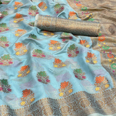Firozi Festive Wear Floral Woven Pure Soft Organza Saree