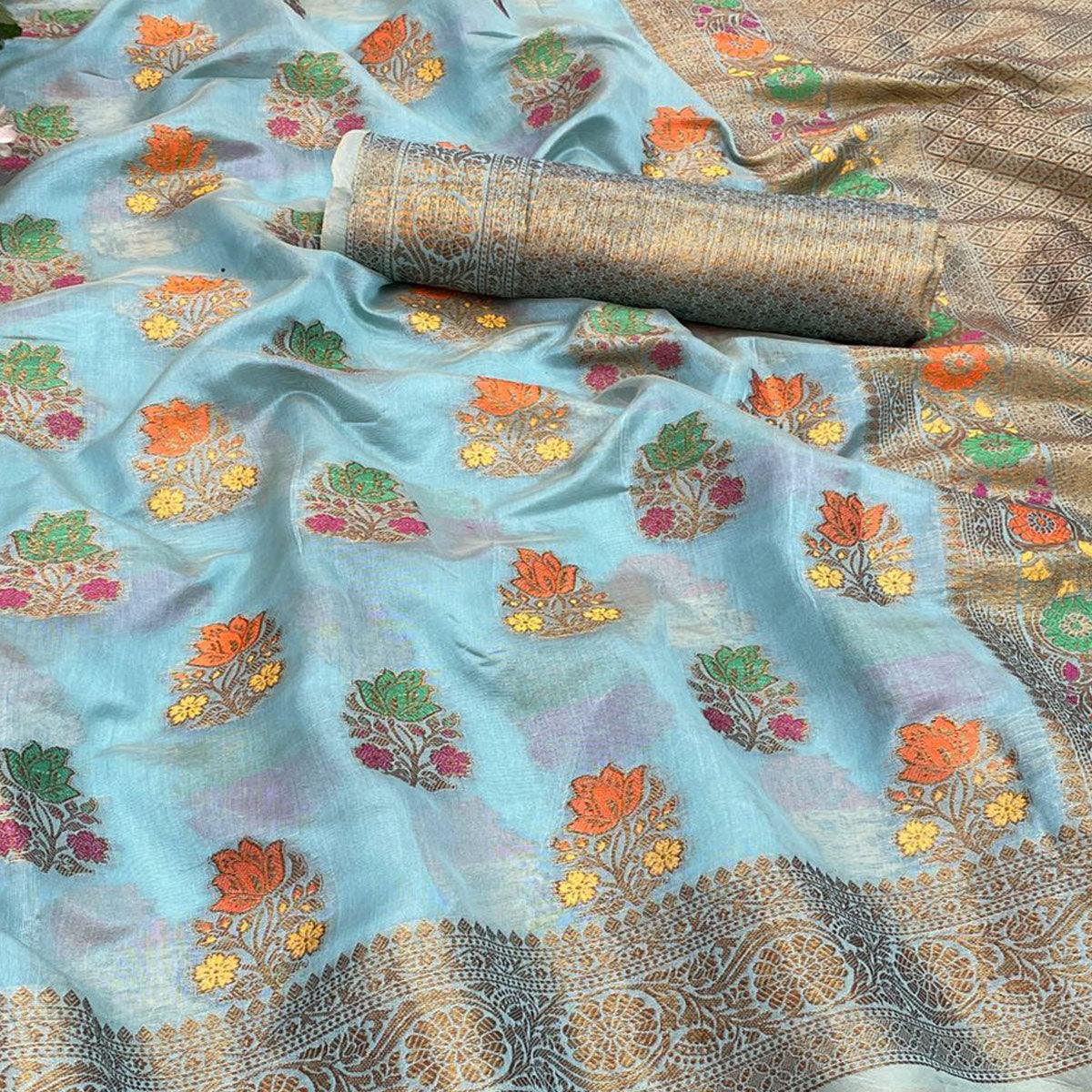 Firozi Festive Wear Floral Woven Pure Soft Organza Saree