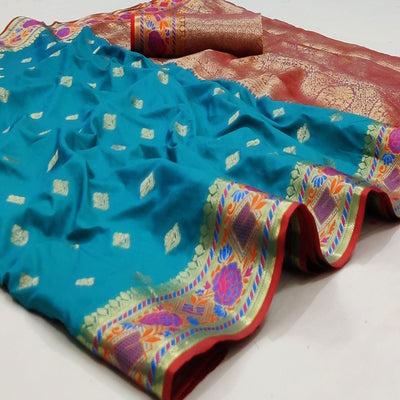 Firozi Festive Wear Floral Woven Soft Silk Saree With Jacquard Border