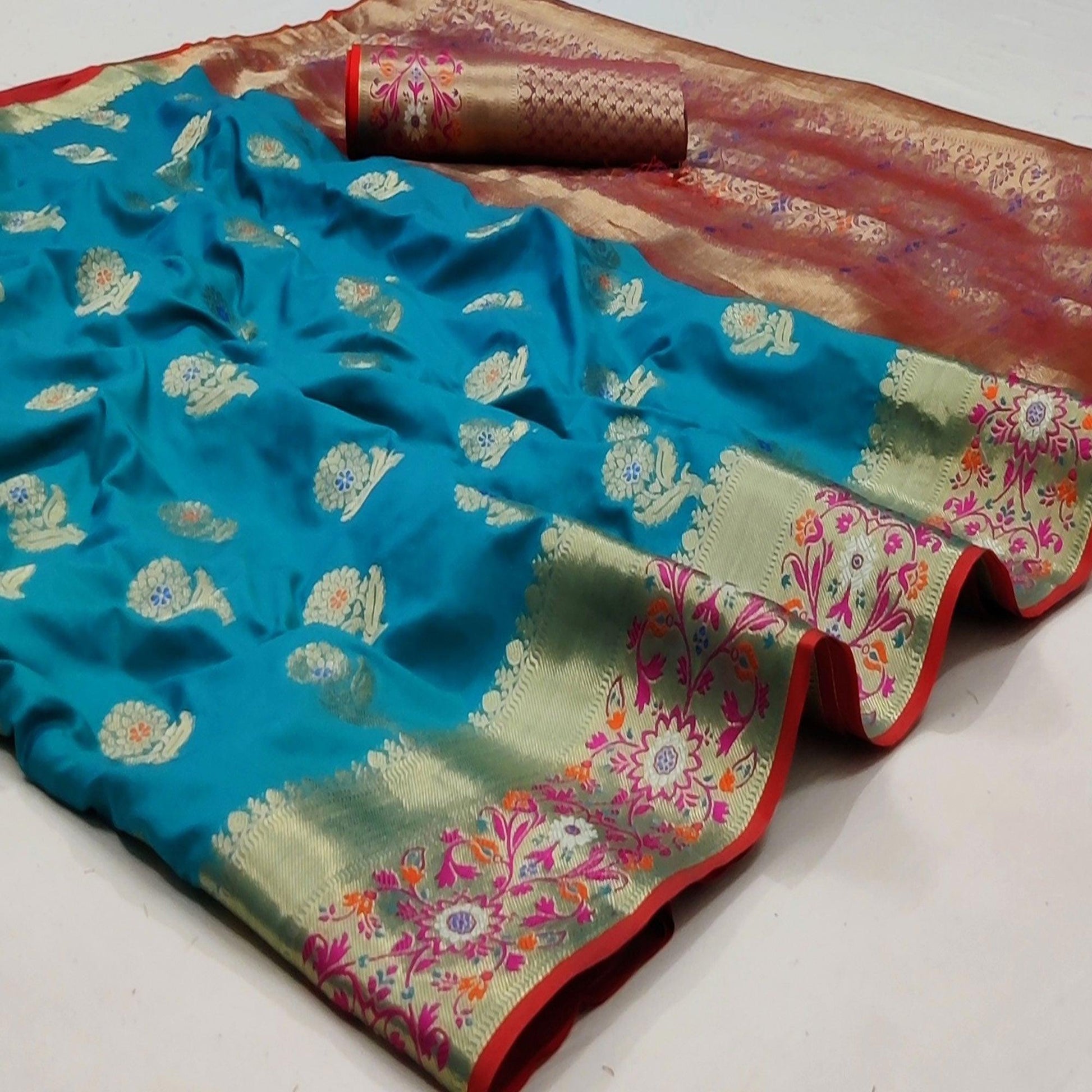 Firozi Festive Wear Floral Woven Soft Silk Saree With Jacquard Border