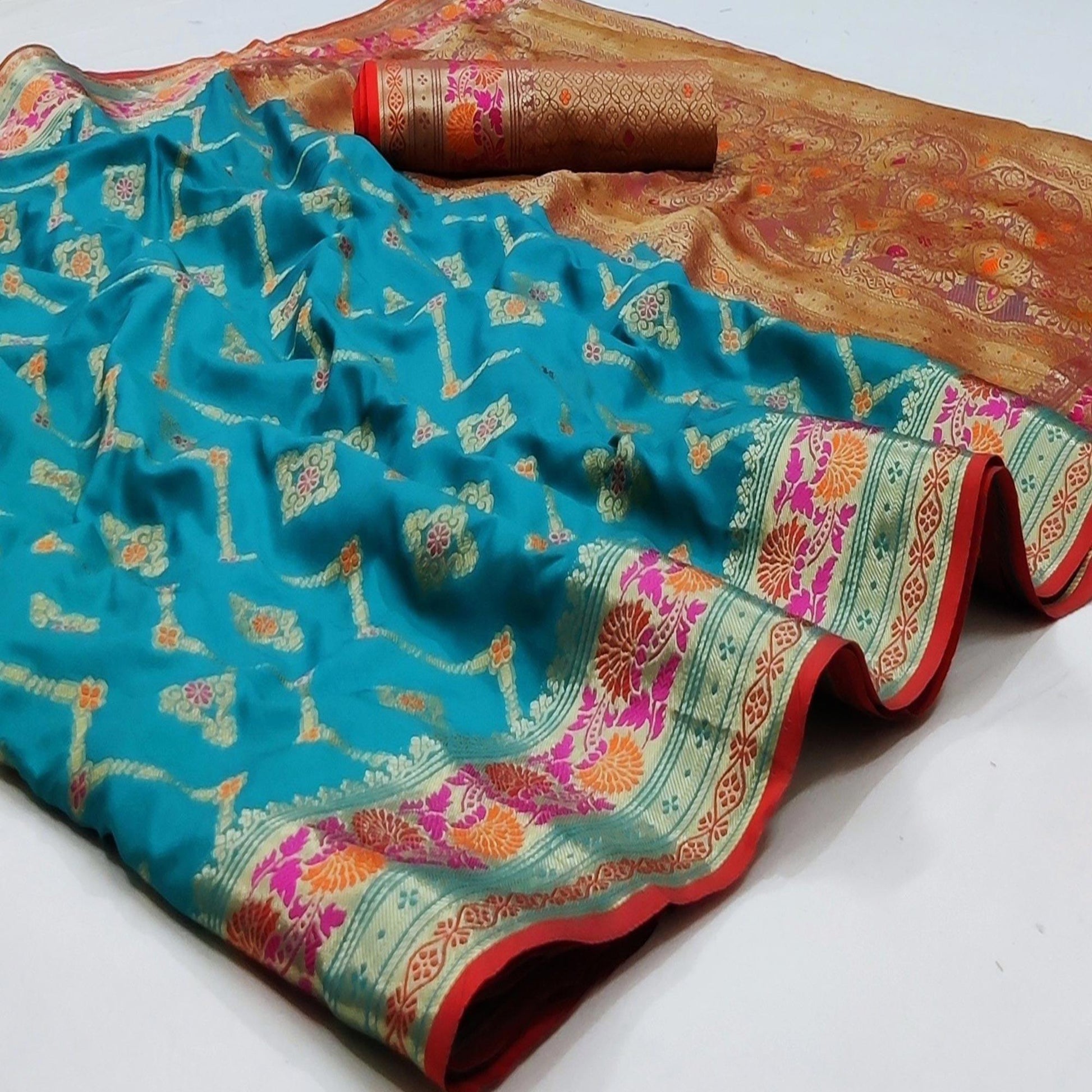 Firozi Festive Wear Floral Woven Soft Silk Saree With Jacquard Border