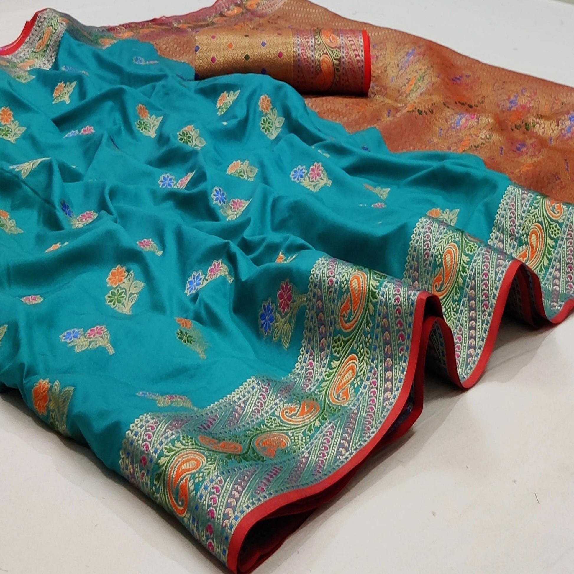 Firozi Festive Wear Floral Woven Soft Silk Saree With Jacquard Border