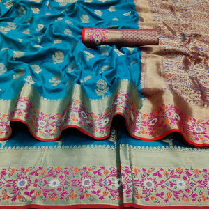 Firozi Festive Wear Floral Woven Soft Silk Saree With Jacquard Border