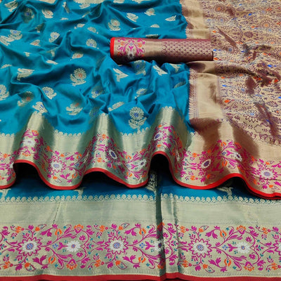 Firozi Festive Wear Floral Woven Soft Silk Saree With Jacquard Border